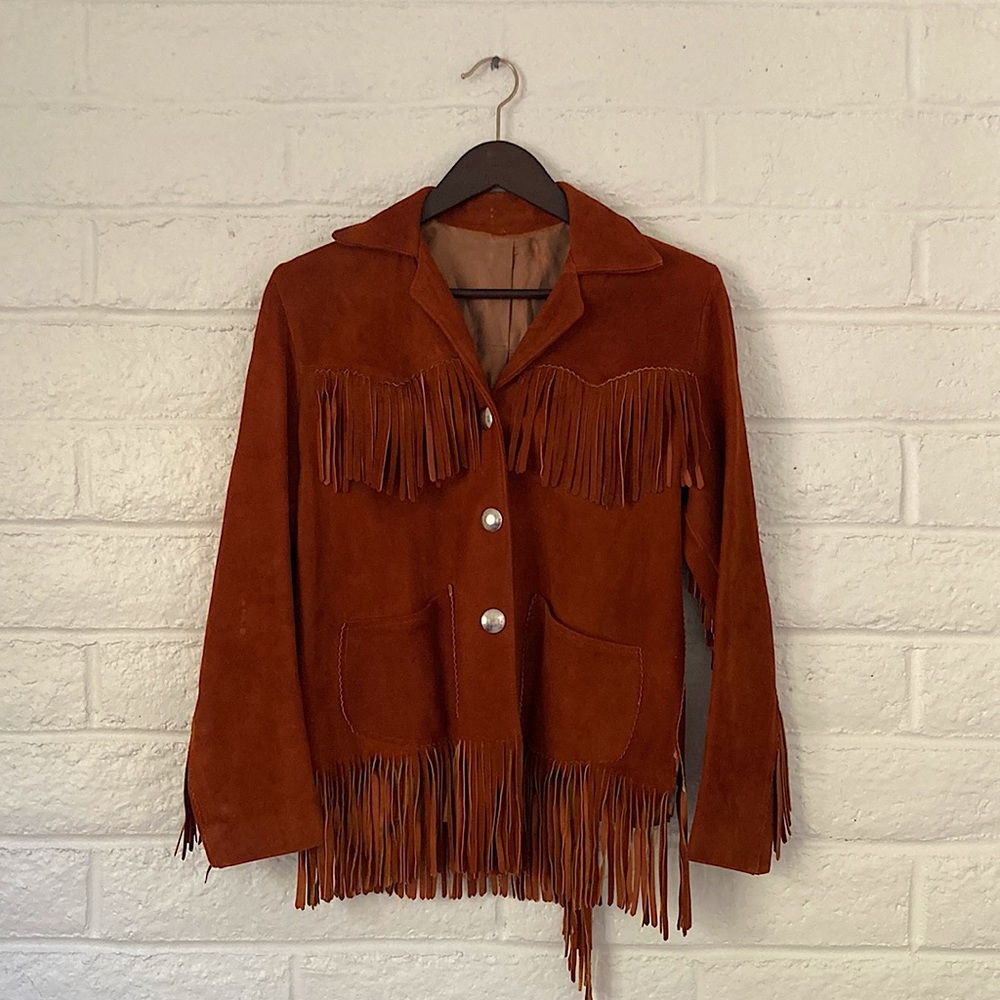 Vintage Caramel Suede Leather Fringe Western Jacket with Snap Closure